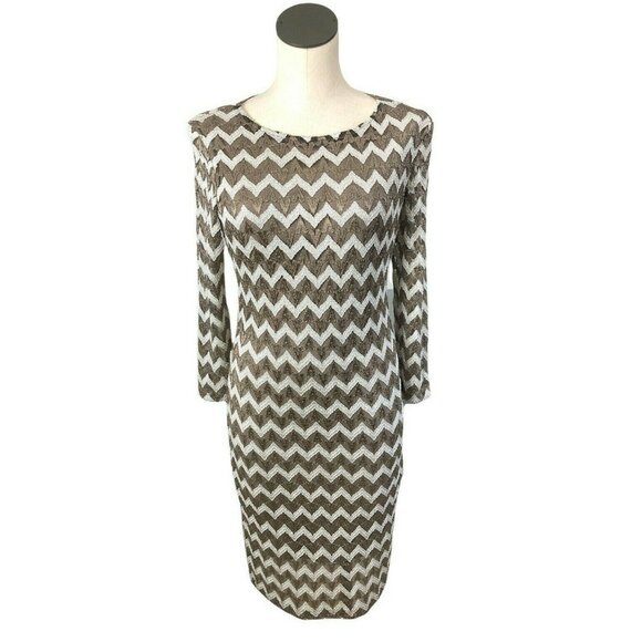 New Ronni Nicole Sheath Dress Womens L Chevron Gold White Shimmer 3/4 Sleeves Fi - Picture 2 of 14